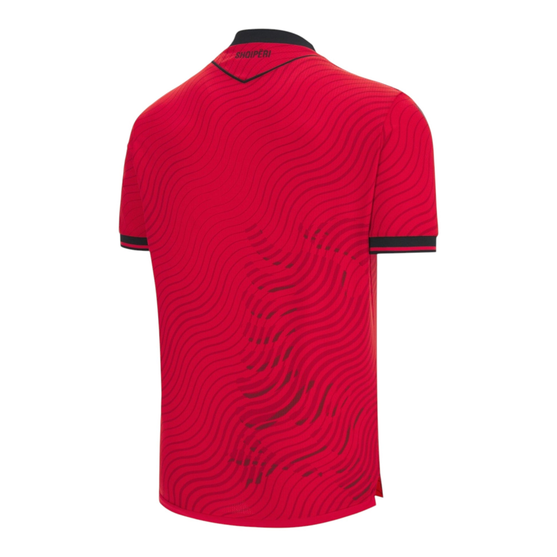 GOATkitz Albania 2026 adult home jersey in red with black trim and a wavy pattern. Customizable.