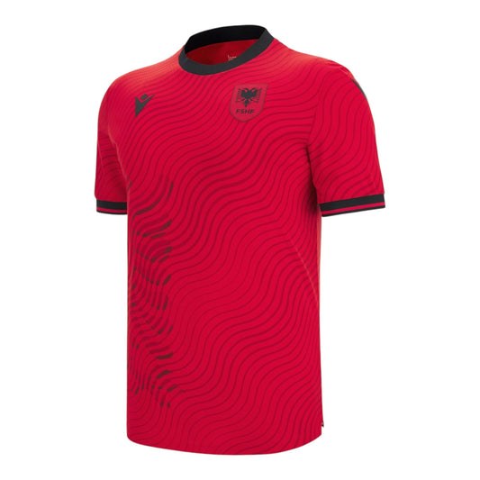 GOATkitz Albania 2026 adult home jersey in red with black wavy pattern and crest. Short sleeves with black trim.
