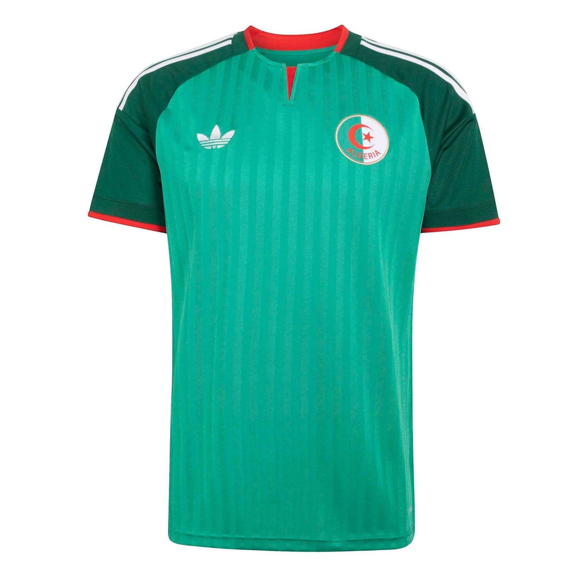 GOATkitz Algeria 2026 adult away jersey in green with red trim and white Adidas stripes on shoulders. Features vertical pinstripes and the Algeria crest.