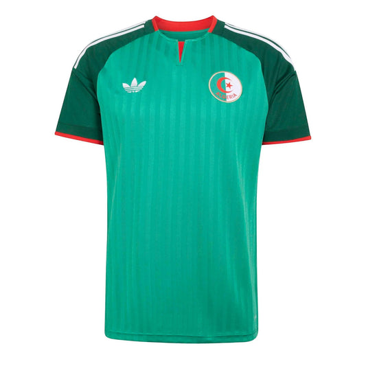 GOATkitz Algeria 2026 adult away jersey in green with red trim and white Adidas stripes on shoulders. Features vertical pinstripes and the Algeria crest.