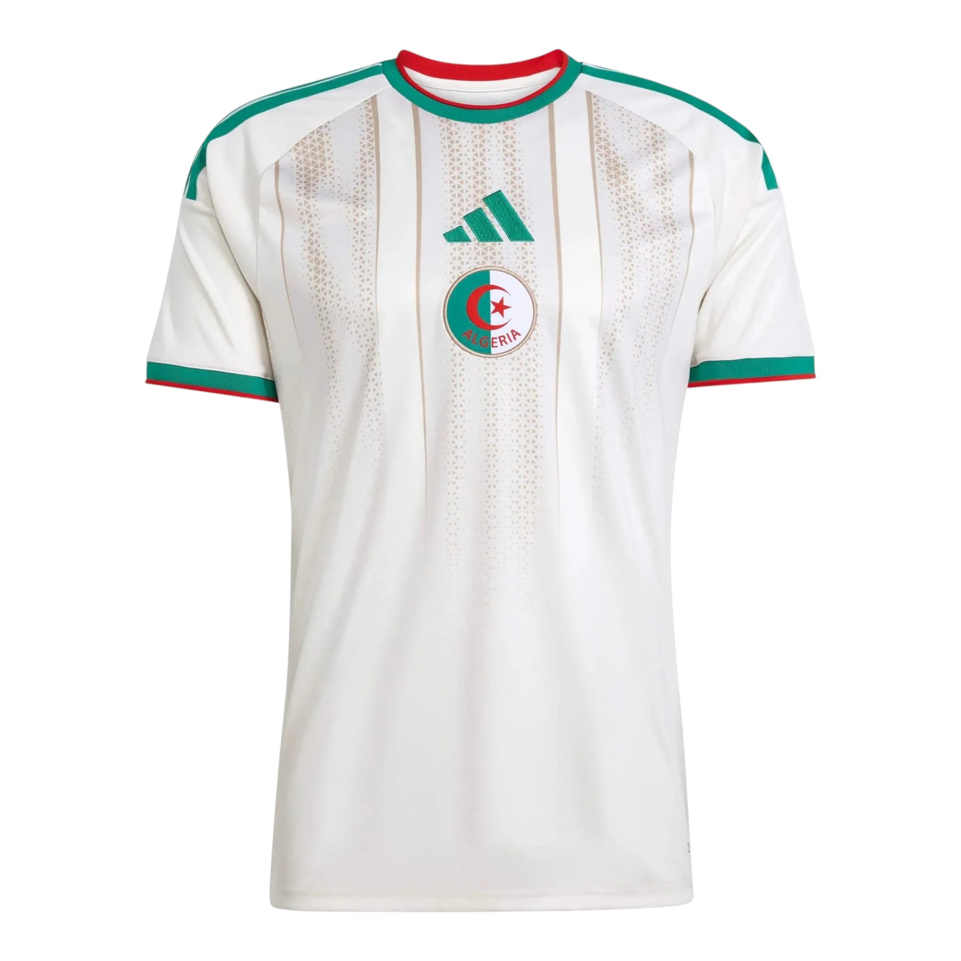 GOATkitz Algeria 2026 Adult Home Jersey in white with green and red trim. Features subtle vertical stripe pattern and crest.