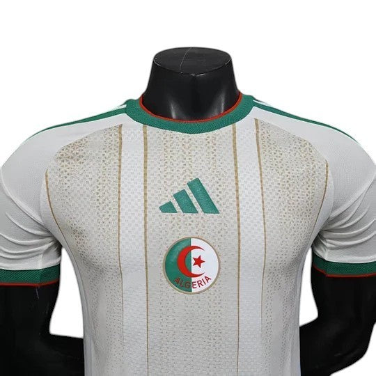 GOATkitz Algeria 2026 player version white football jersey with green trim and gold accents. Features crest and Adidas logo.