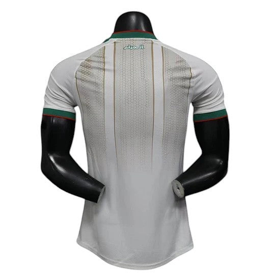 GOATkitz Algeria 2026 Player Version Home Jersey, white with green and red trim, featuring subtle vertical stripes and Arabic text on the collar.