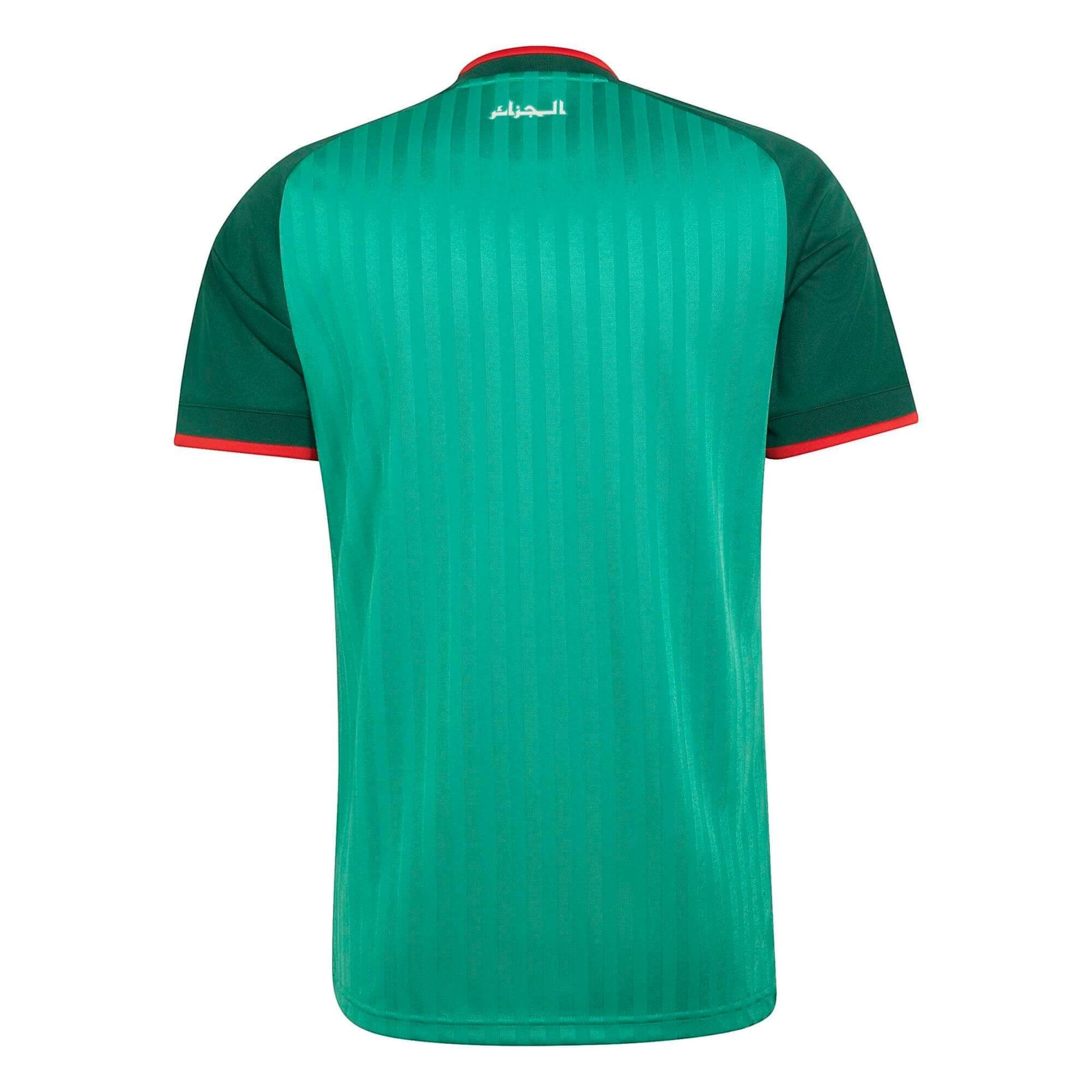 GOATkitz Algeria 2026 adult away jersey in green with red trim and vertical stripe pattern. Features Arabic text on the collar.