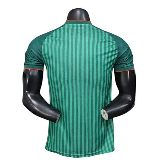 GOATkitz Algeria 2026 Player Version Away Jersey, green with vertical stripes and orange trim. Back view.