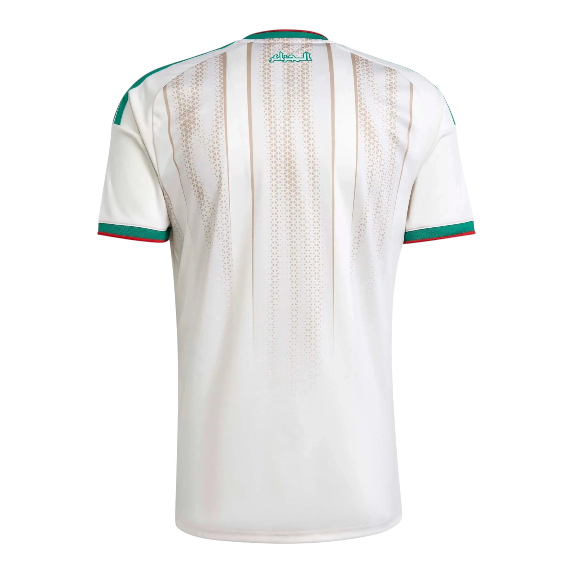GOATkitz Algeria 2026 Adult Home Jersey, white with green and red trim, subtle geometric pattern on back.
