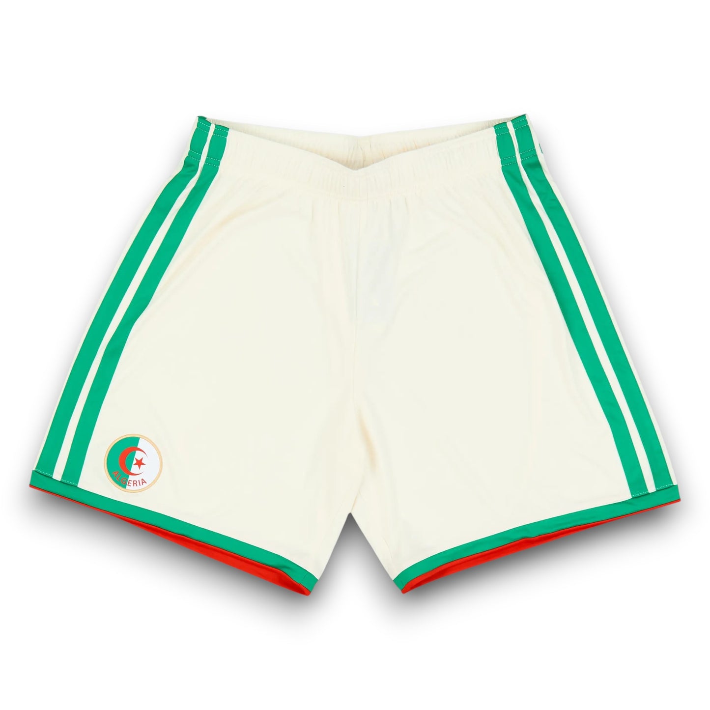 GOATkitz Algeria 2026 kids home shorts in cream with green side stripes and red/green trim. Features Algeria crest.
