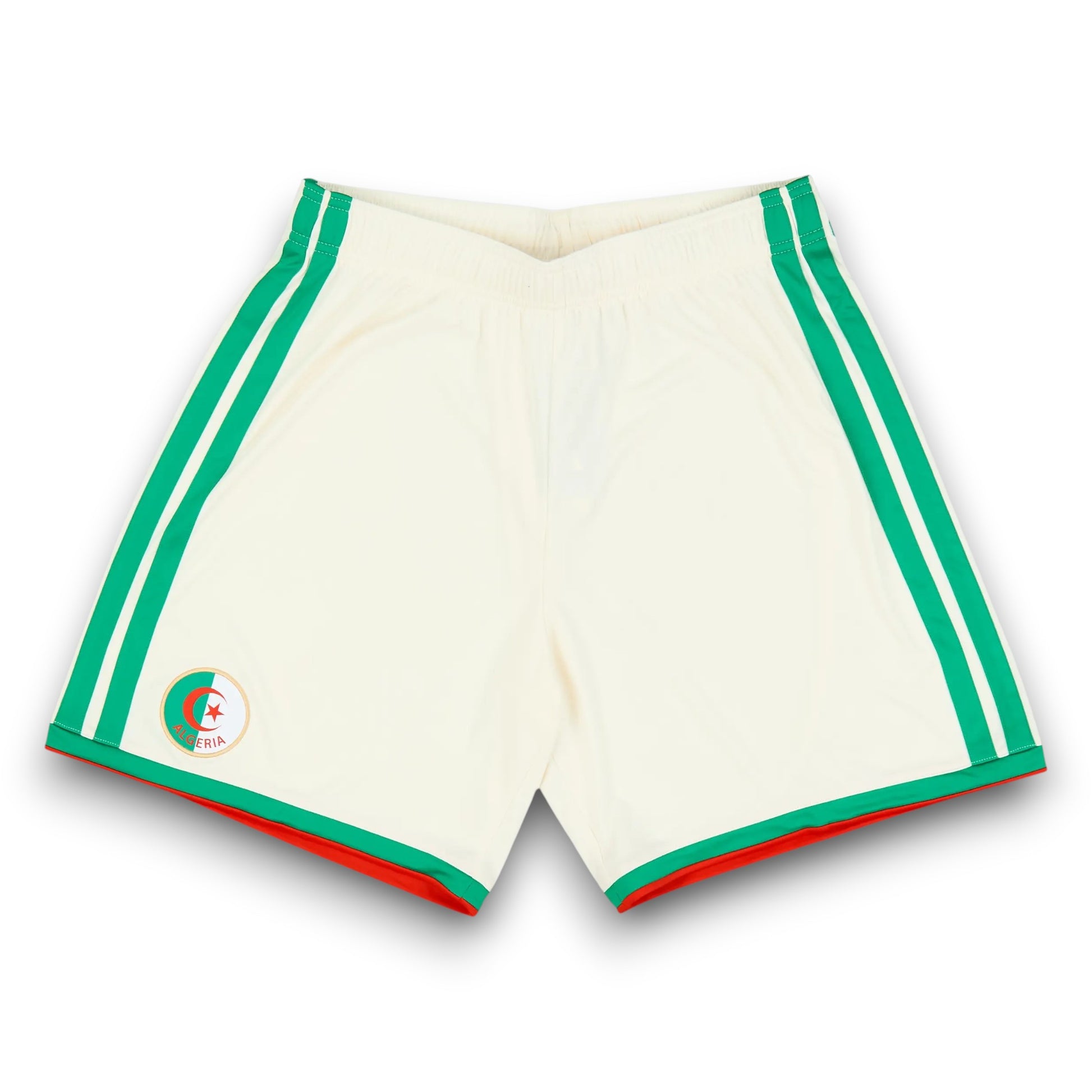 GOATkitz Algeria 2026 kids home shorts in cream with green side stripes and red/green trim. Features Algeria crest.