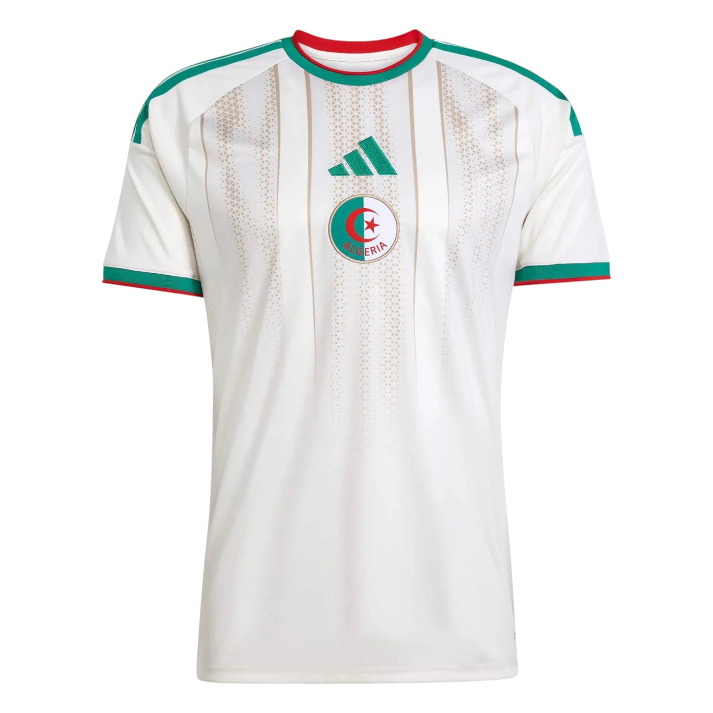 GOATkitz Algeria 2026 kids home jersey in white with green and red trim. Features subtle vertical stripes and the Algeria crest.