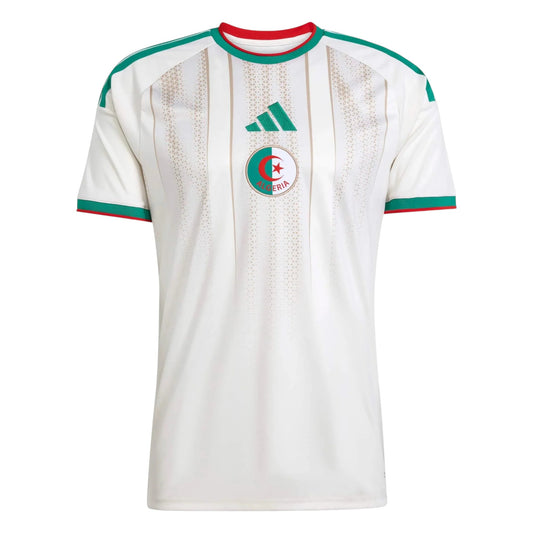GOATkitz Algeria 2026 kids home jersey in white with green and red trim. Features subtle vertical stripes and the Algeria crest.