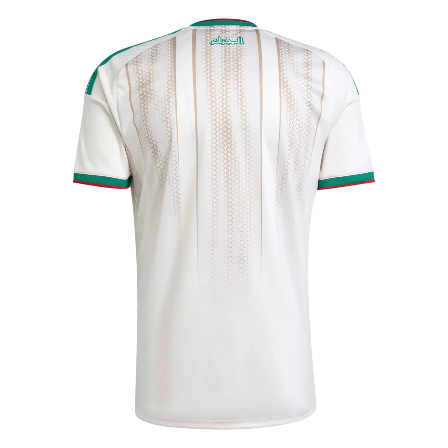 GOATkitz Algeria 2026 kids home jersey in white with green and red trim, featuring subtle patterned stripes on the back.