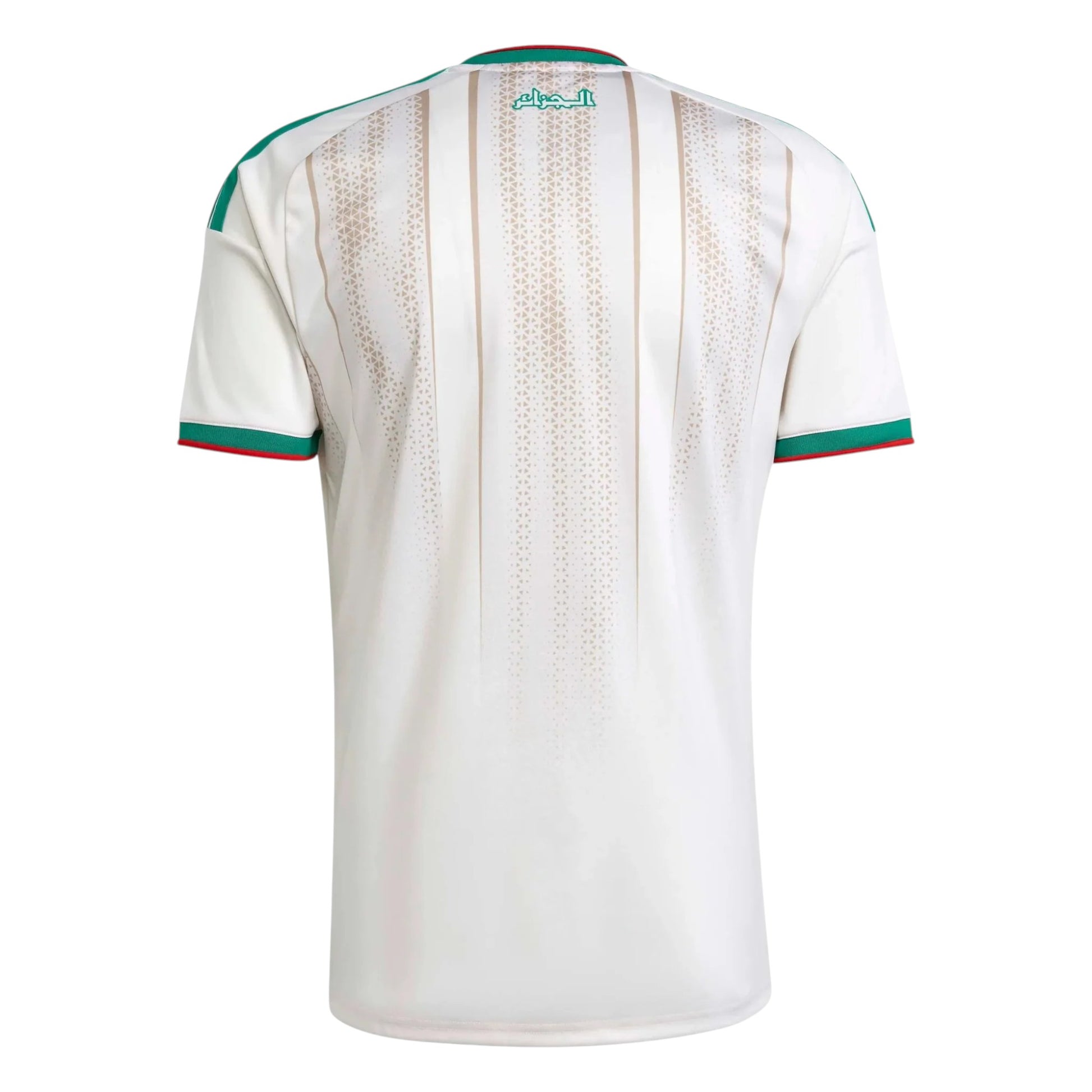 GOATkitz Algeria 2026 kids home jersey in white with green and red trim, featuring subtle patterned stripes on the back.