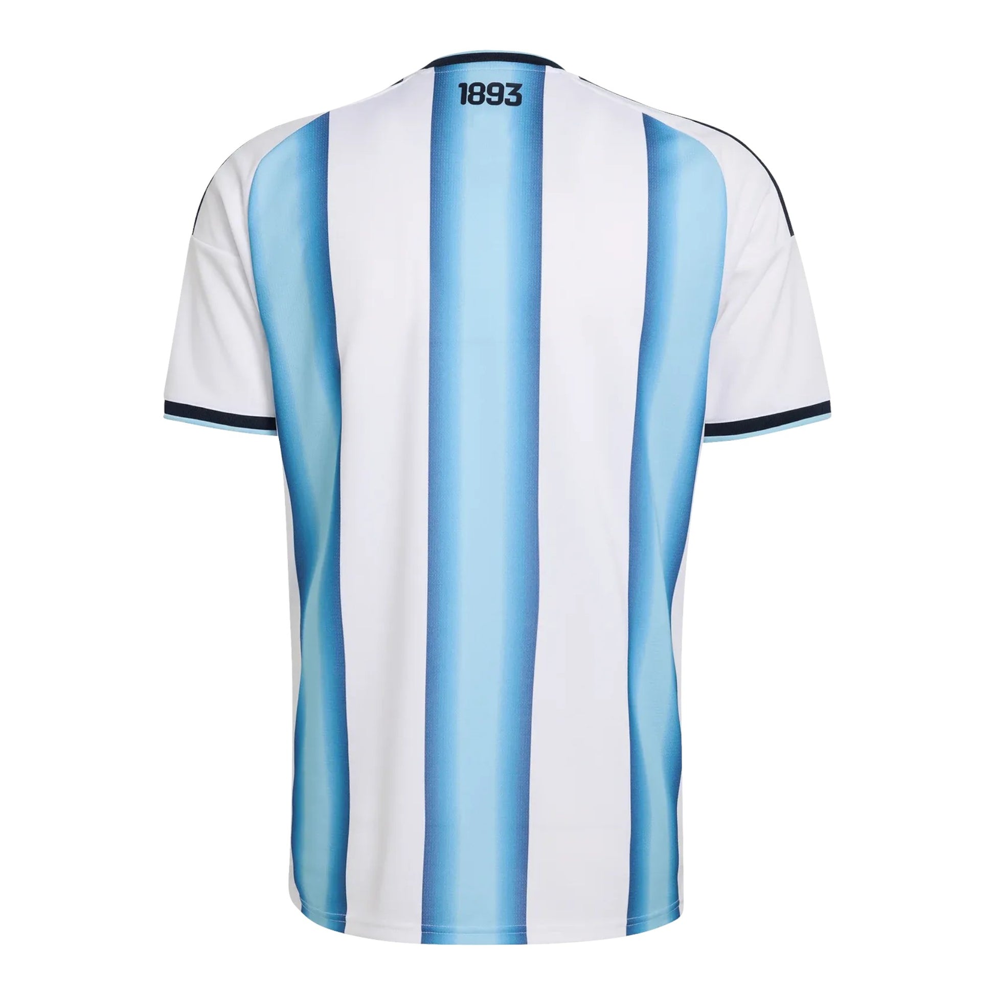 GOATkitz Argentina 2026 Adult Home Jersey, white with sky blue vertical stripes and navy trim. Customizable.