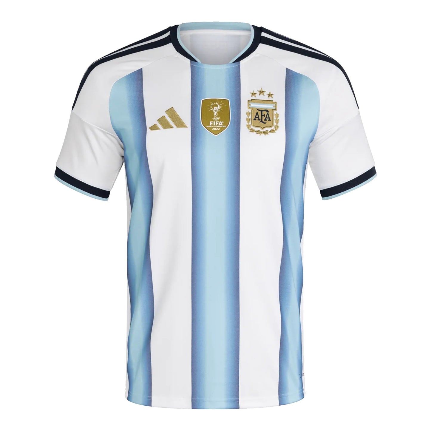 GOATkitz Argentina 2026 adult home jersey, white with light blue vertical stripes, navy trim, FIFA World Cup 2022 badge.