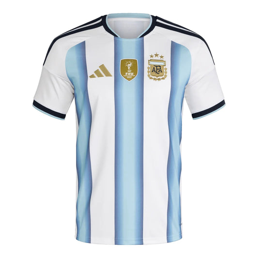 GOATkitz Argentina 2026 adult home jersey, white with light blue vertical stripes, navy trim, FIFA World Cup 2022 badge.