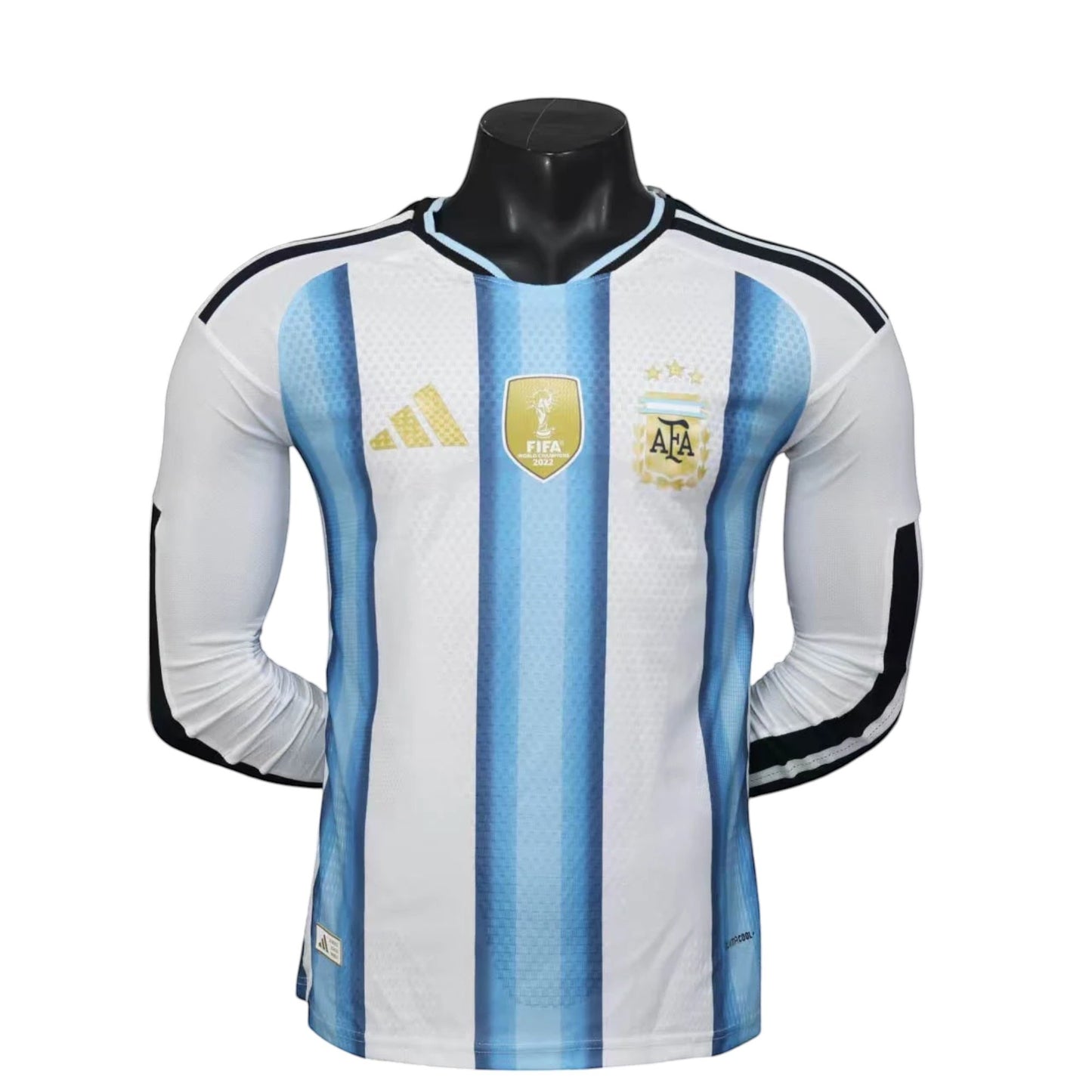 GOATkitz Argentina 2026 long sleeve player version home jersey in white with light blue stripes, featuring AFA and FIFA badges.