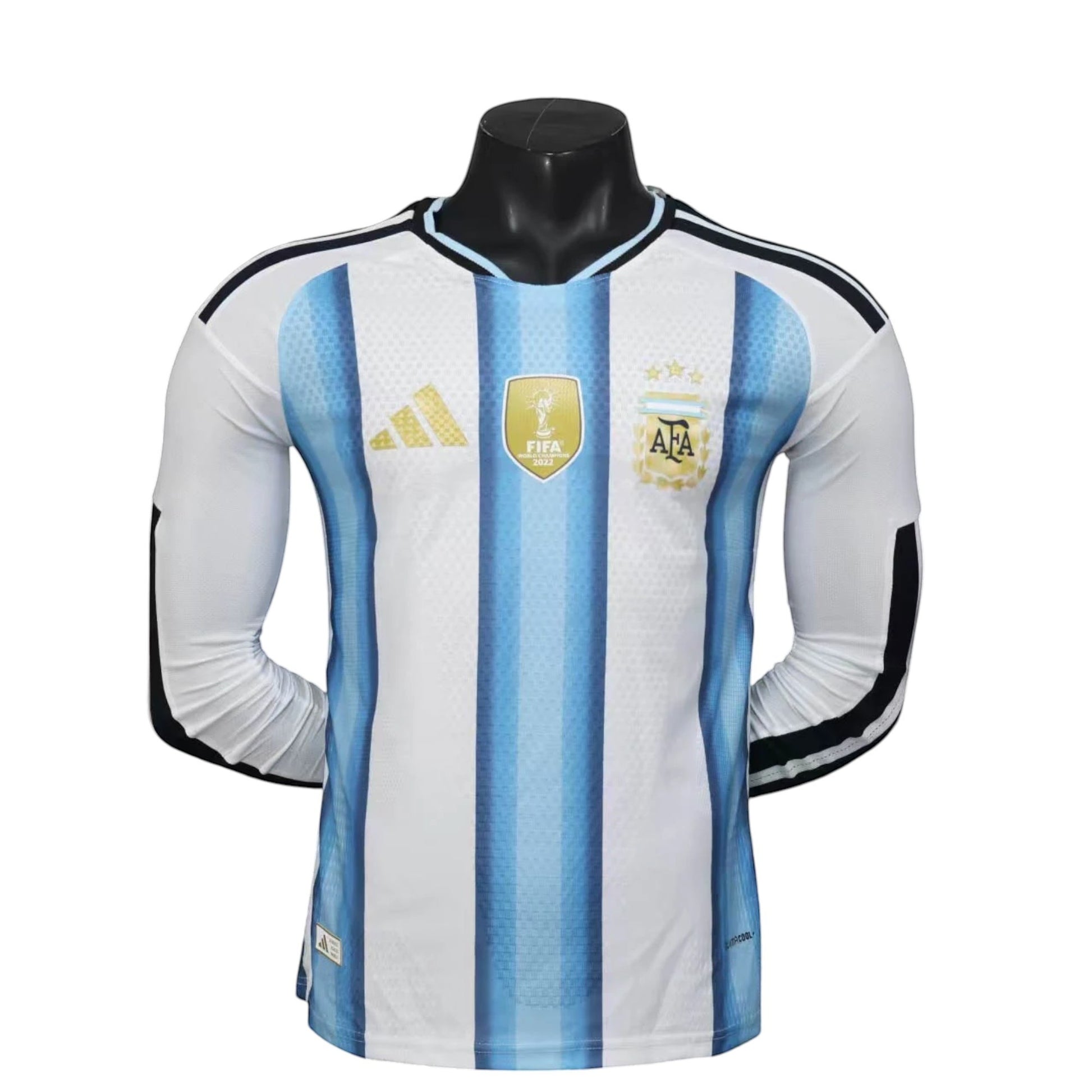 GOATkitz Argentina 2026 long sleeve player version home jersey in white with light blue stripes, featuring AFA and FIFA badges.