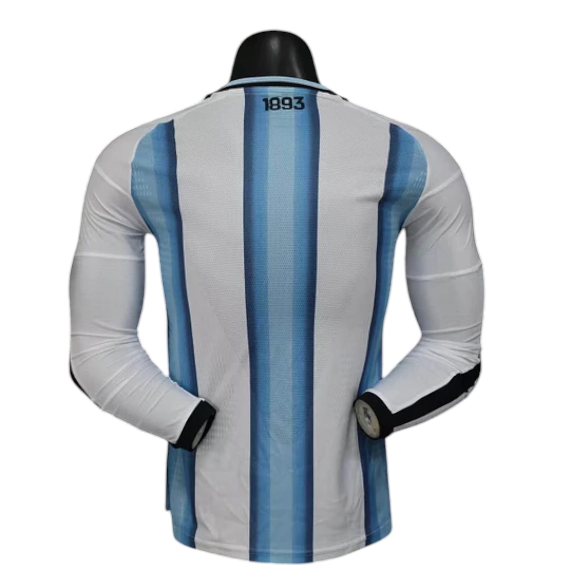 GOATkitz Argentina 2026 long sleeve player version home jersey with blue and white vertical stripes. Customizable.