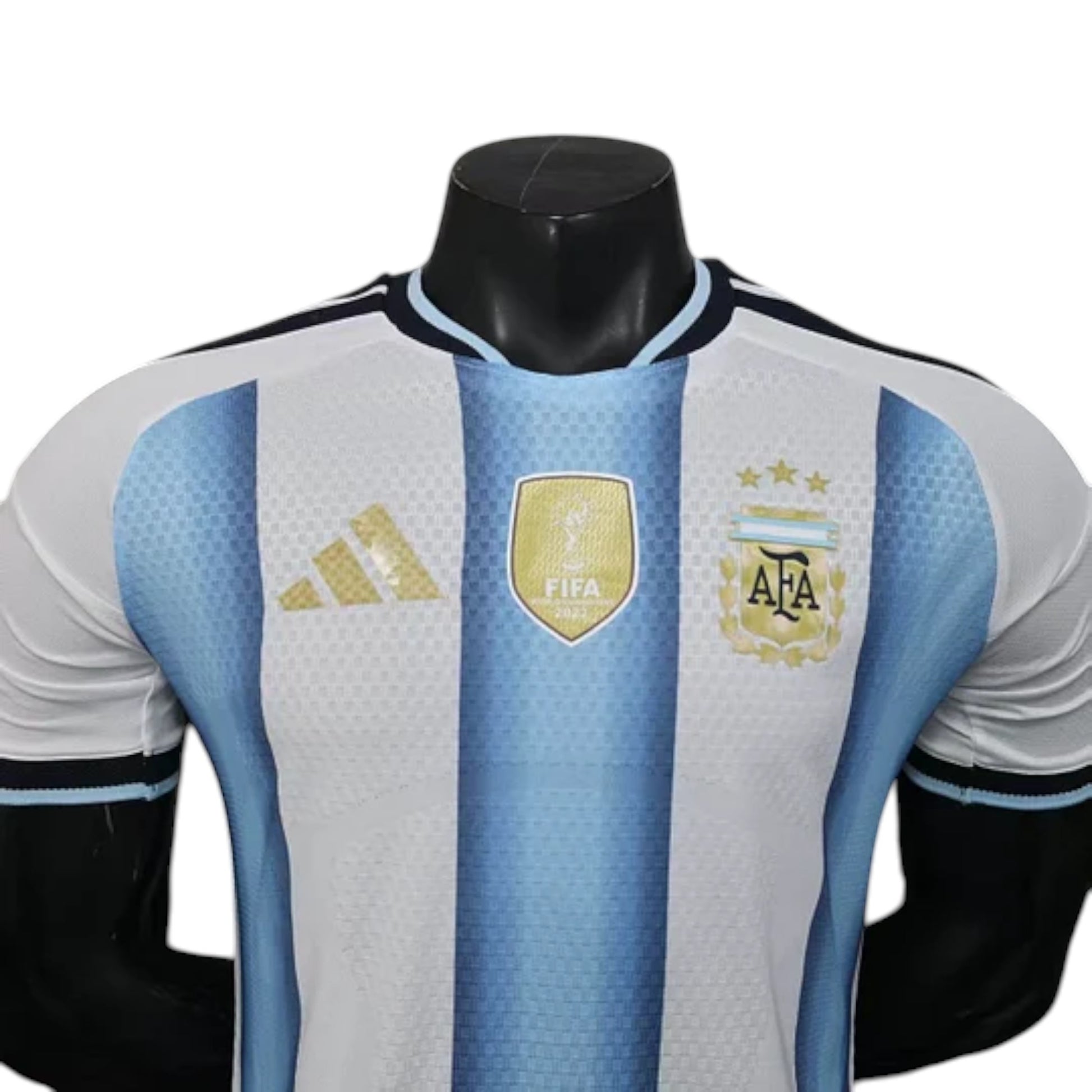 GOATkitz Argentina 2026 player version home jersey in white and light blue stripes, with gold Adidas logo and AFA crest.