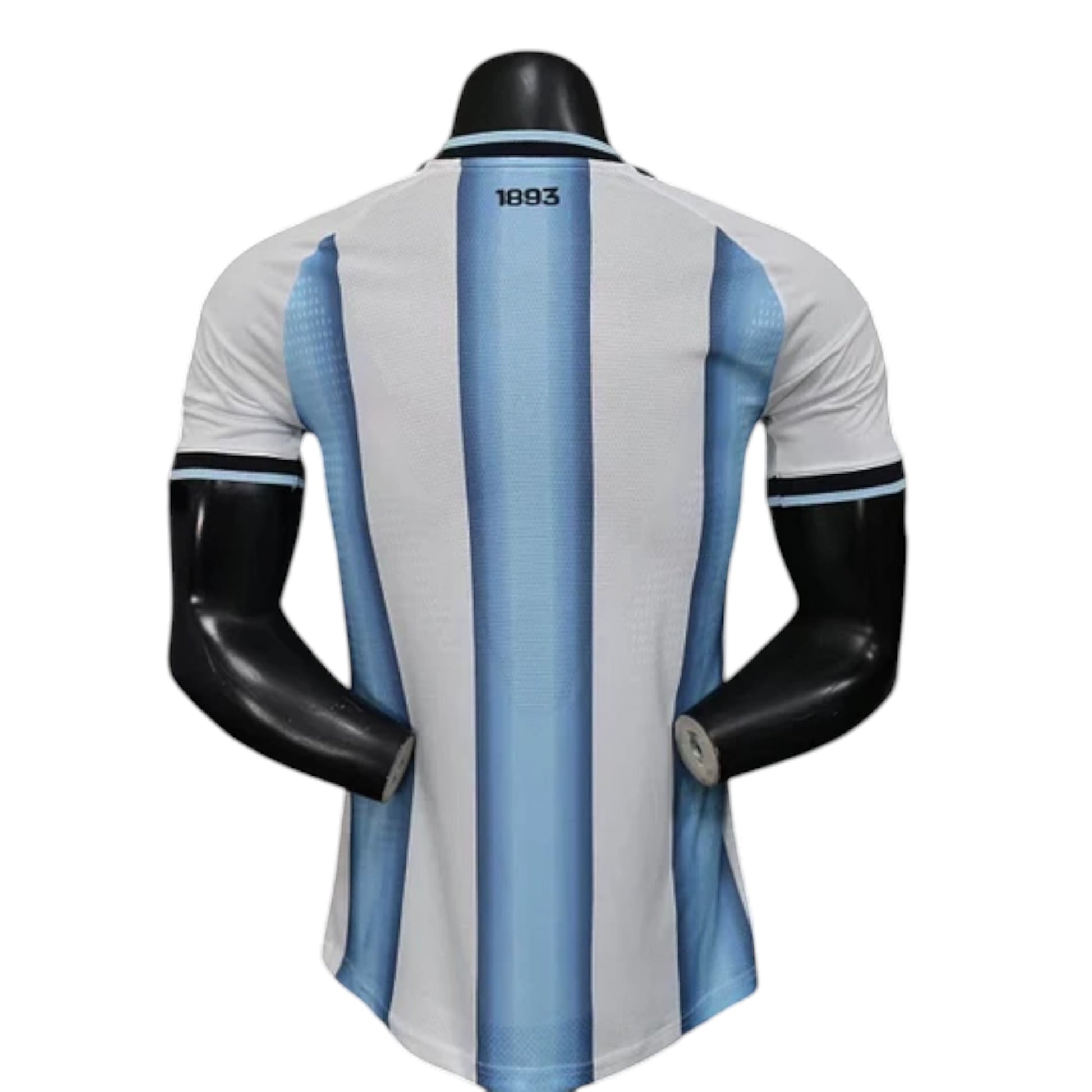 GOATkitz Argentina 2026 player version home jersey, white with light blue vertical stripes and black trim on sleeves and collar.