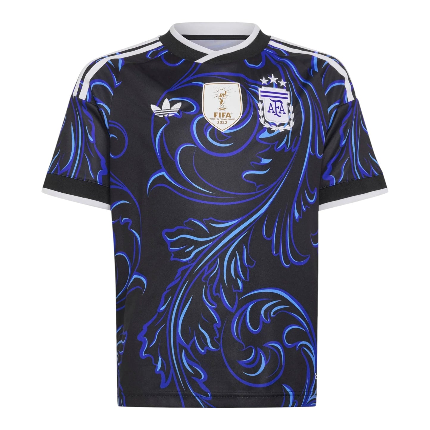 GOATkitz Argentina 2026 adult away jersey in black with blue ornate pattern, white trim, and official badges.