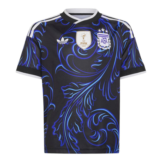 GOATkitz Argentina 2026 adult away jersey in black with blue ornate pattern, white trim, and official badges.