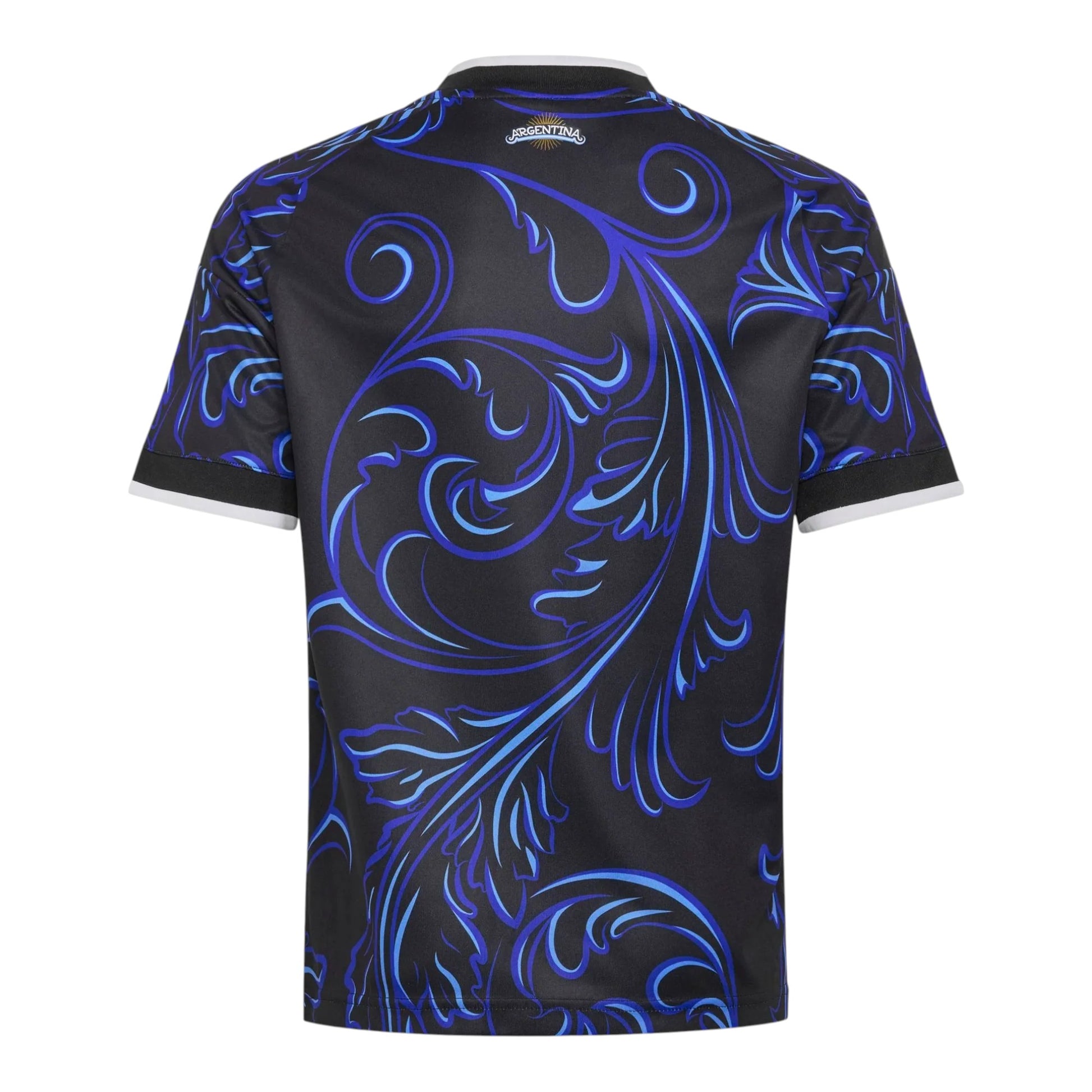 GOATkitz Argentina 2026 adult away jersey in black with blue ornate swirling patterns and white trim on collar and sleeves.