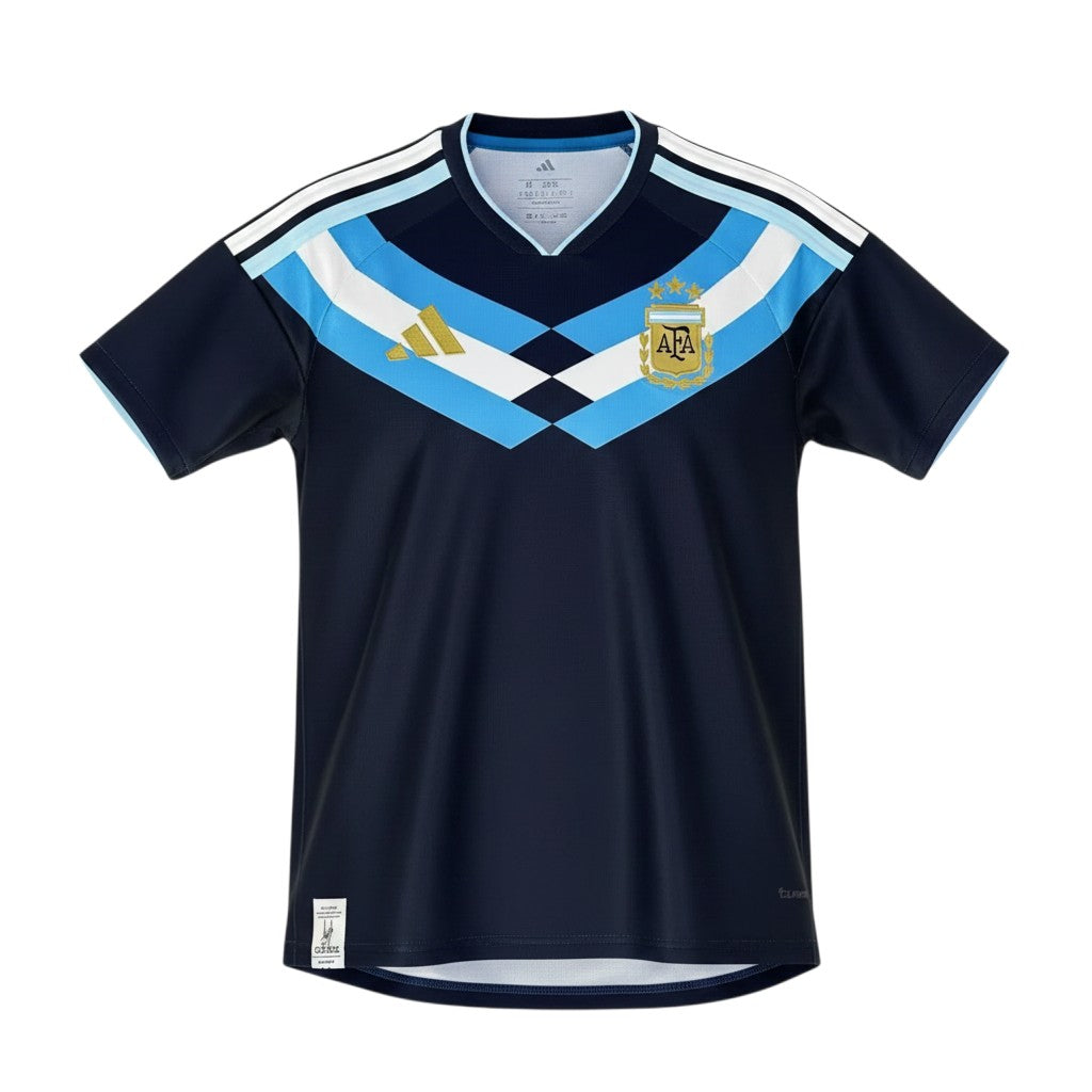 GOATkitz Argentina 2026 black special edition football jersey with light blue and white chevron design and gold Adidas logo.