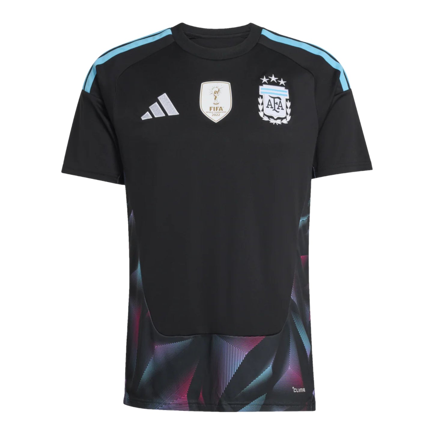 GOATkitz Argentina 2026 black goalkeeper jersey with light blue Adidas stripes on shoulders and AFA crest. Features FIFA World Cup 2022 badge.