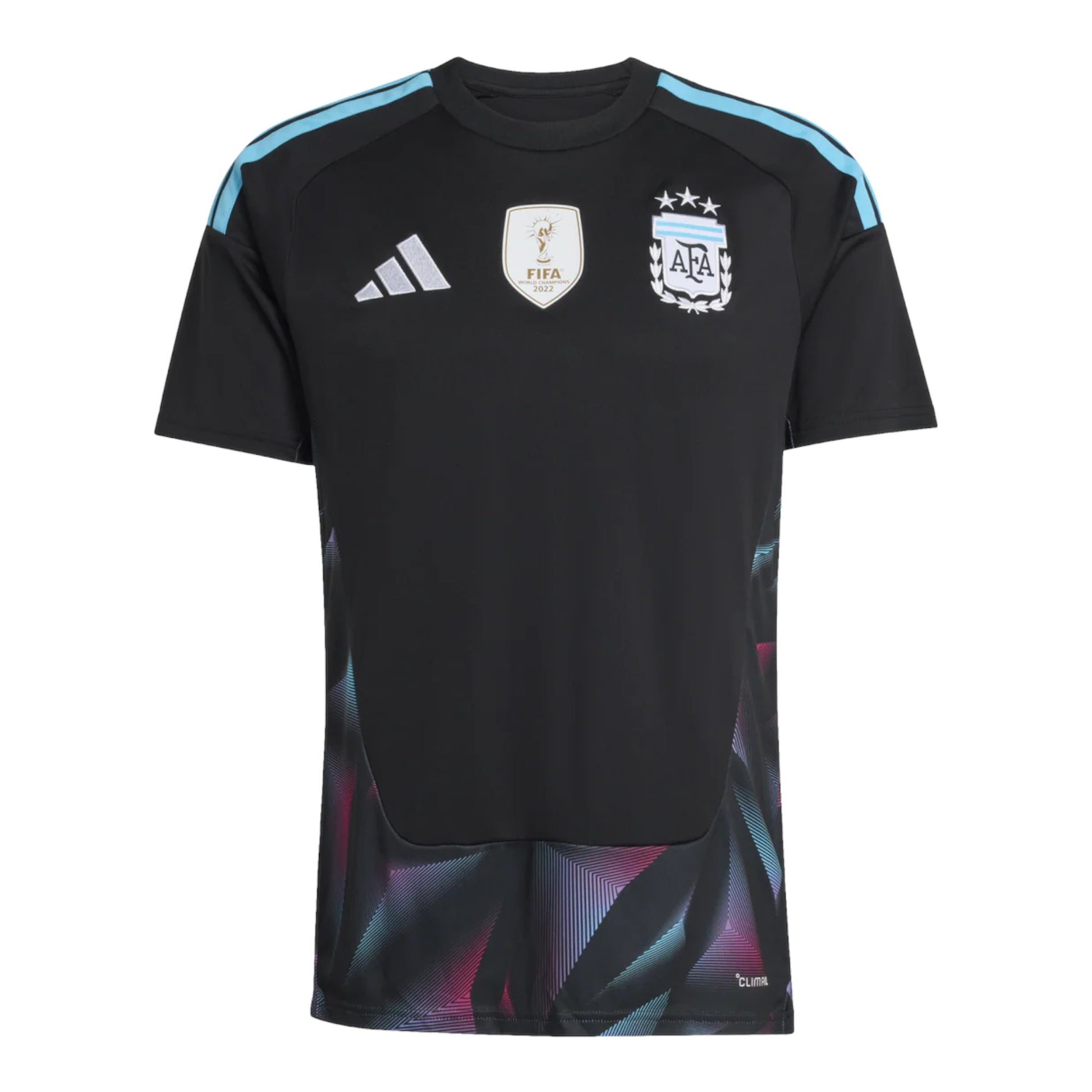 GOATkitz Argentina 2026 black goalkeeper jersey with light blue Adidas stripes on shoulders and AFA crest. Features FIFA World Cup 2022 badge.