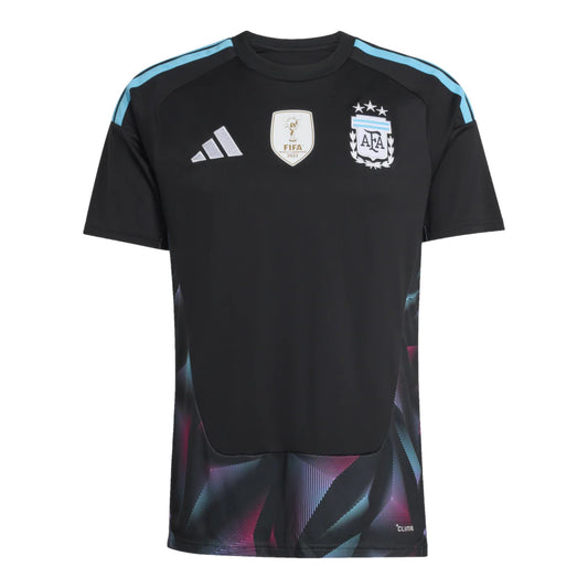 GOATkitz Argentina 2026 black goalkeeper jersey with light blue Adidas stripes on shoulders and AFA crest. Features FIFA World Cup 2022 badge.
