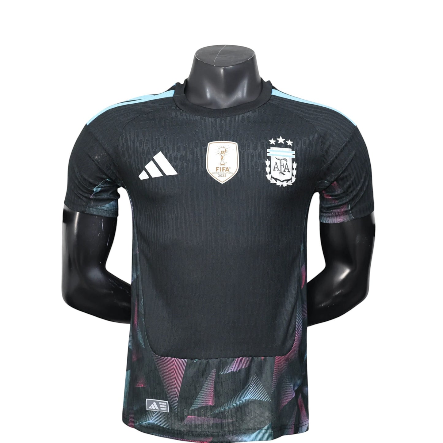GOATkitz Argentina 2026 black player version goalkeeper jersey with light blue accents and abstract pattern on hem.