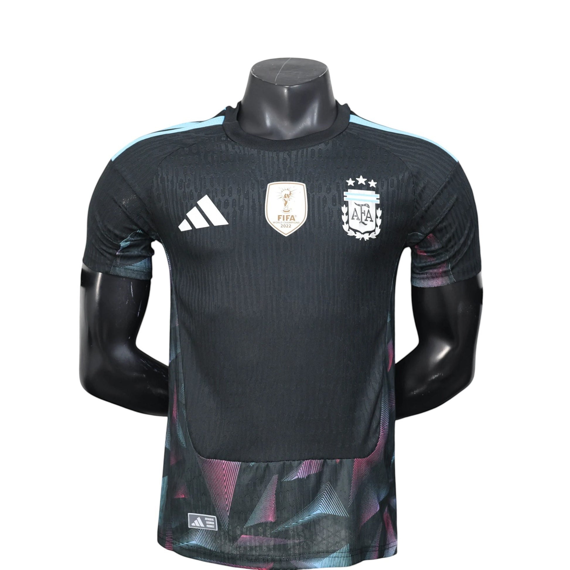 GOATkitz Argentina 2026 black player version goalkeeper jersey with light blue accents and abstract pattern on hem.