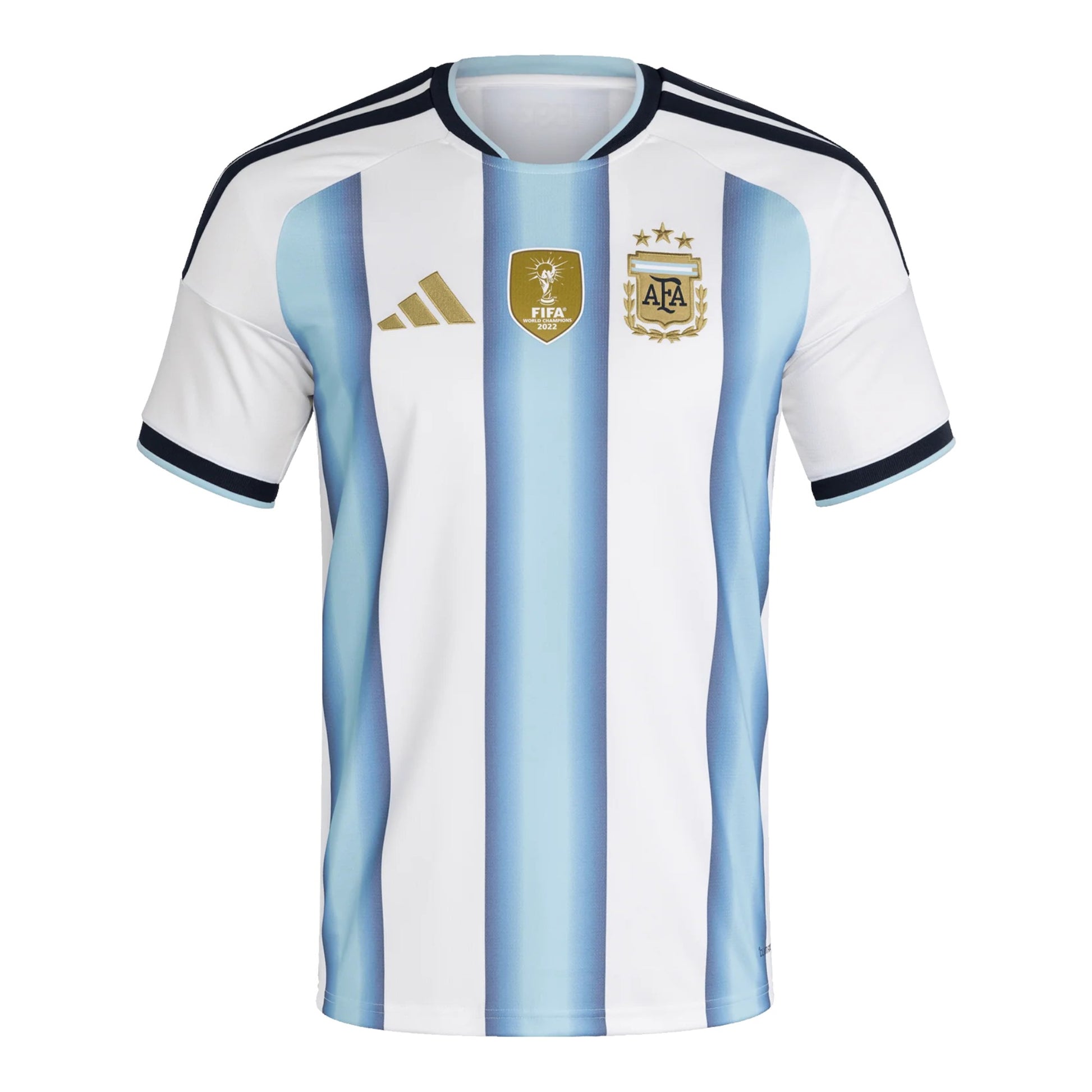 GOATkitz Argentina 2026 kids home jersey with light blue and white vertical stripes, gold Adidas logo, and FIFA World Cup badge.