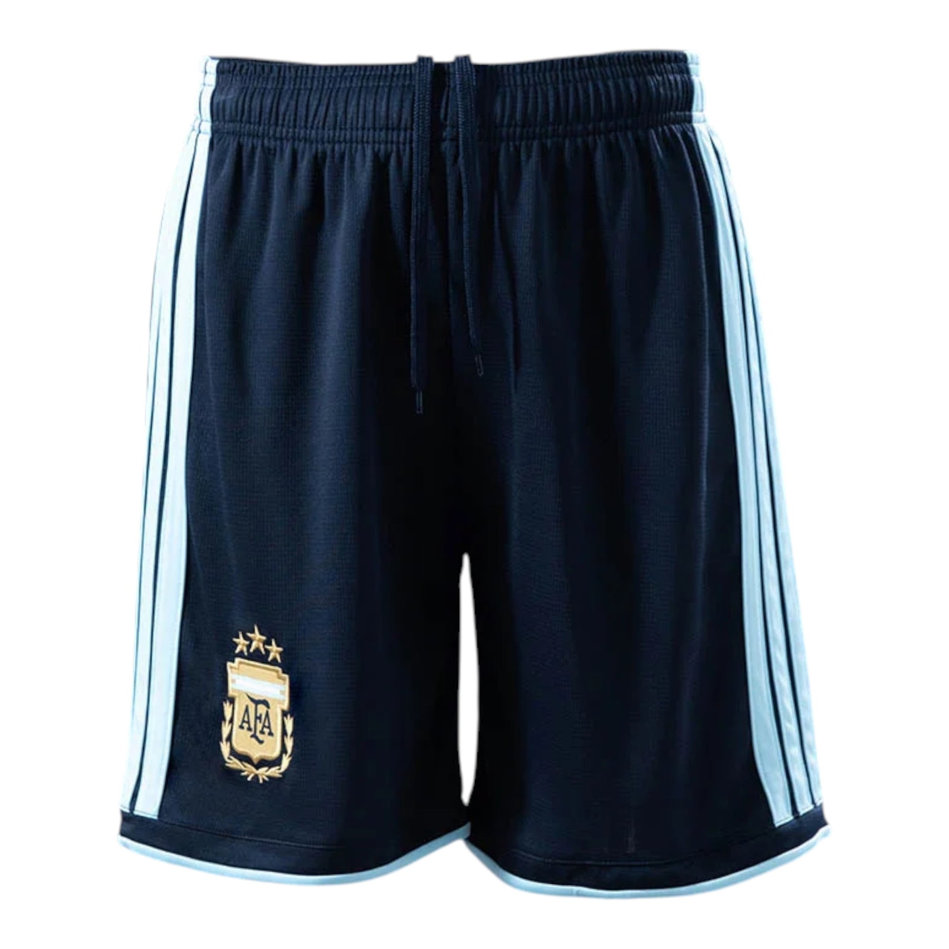 GOATkitz dark blue kids soccer shorts with light blue stripes and Argentina crest