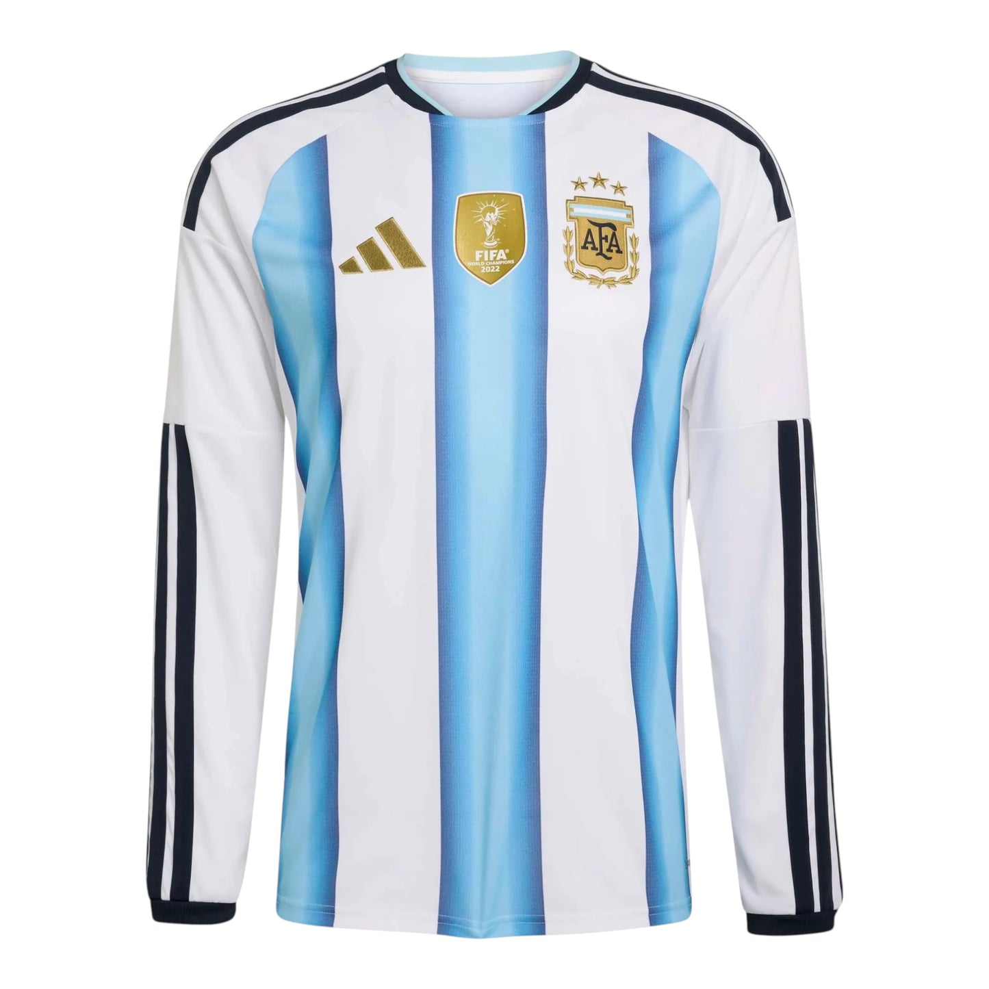 GOATkitz Argentina 2026 long sleeve adult home jersey in white with light blue vertical stripes, featuring gold Adidas logo and FIFA World Cup badge.