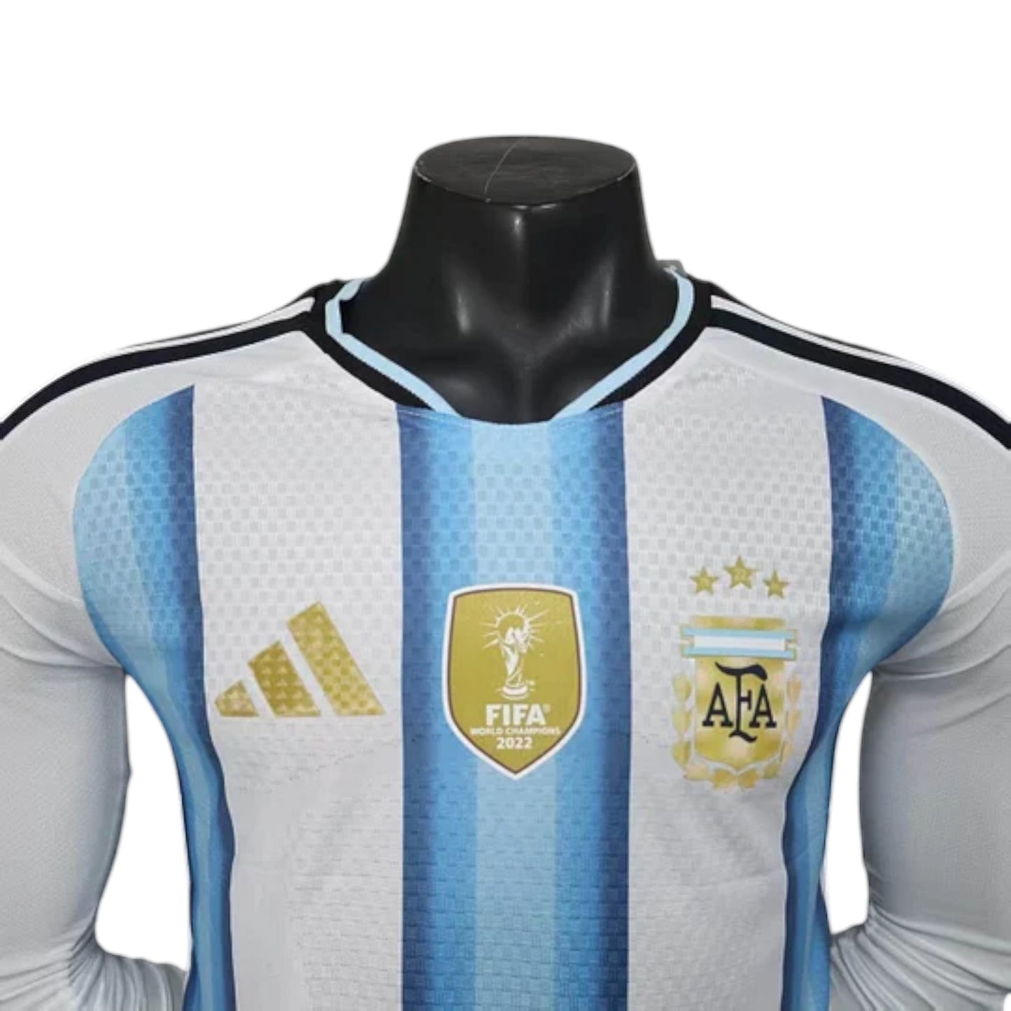 GOATkitz Argentina 2026 long sleeve player version home jersey in white with light blue stripes. Features FIFA World Champions 2022 badge.