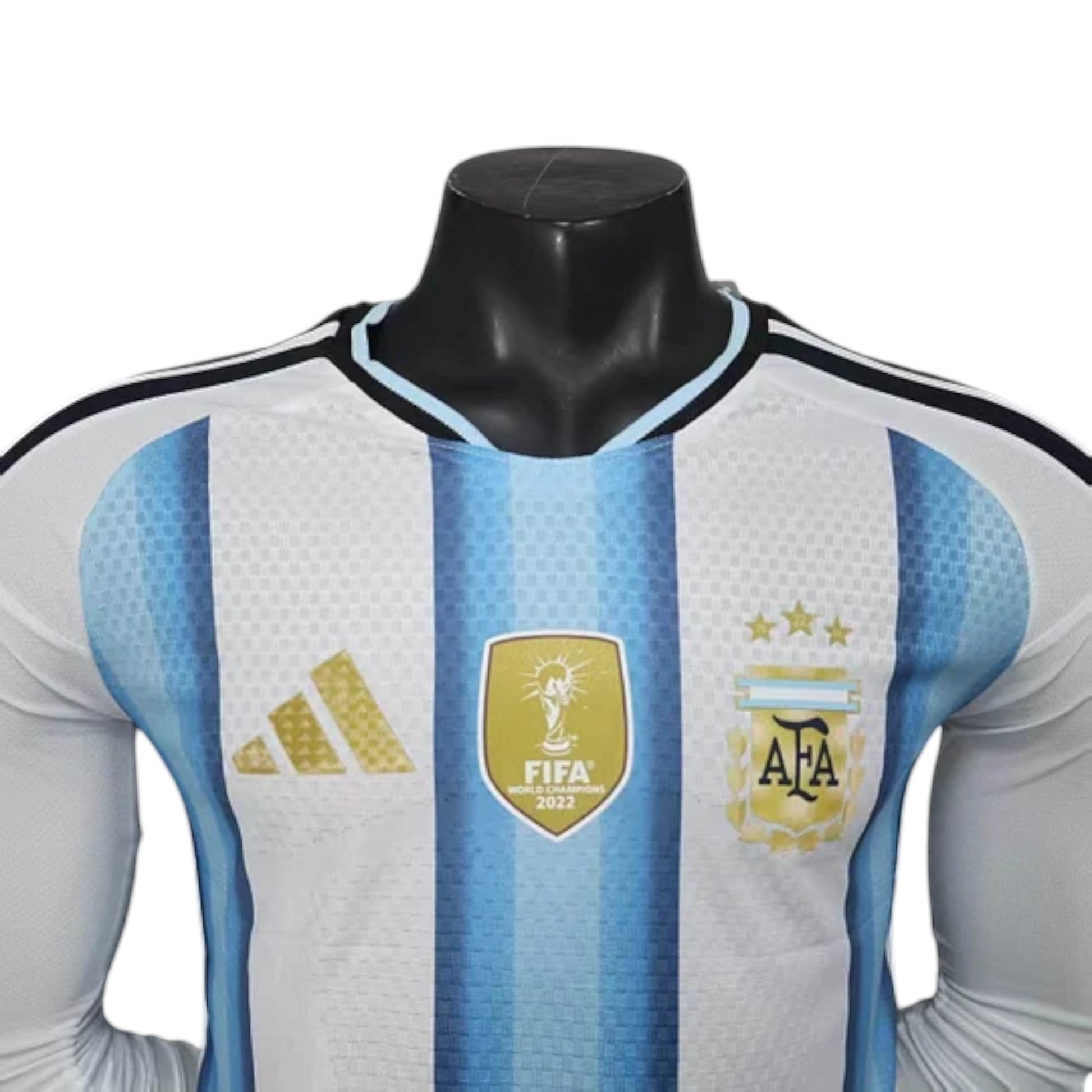 GOATkitz Argentina 2026 long sleeve player version home jersey in white with light blue stripes. Features FIFA World Champions 2022 badge.