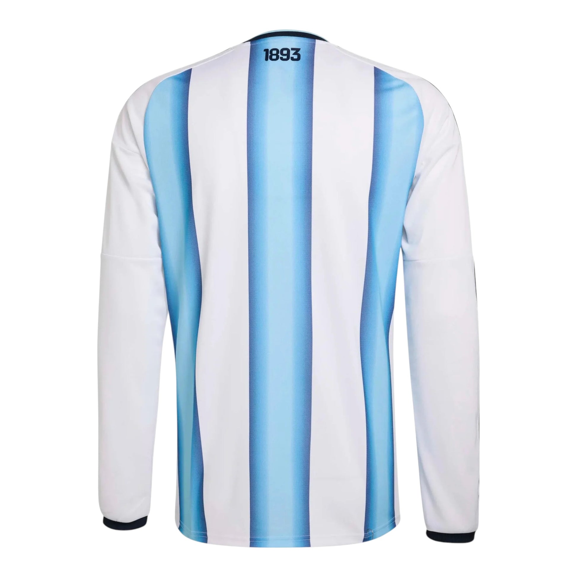 GOATkitz Argentina 2026 long sleeve adult home jersey, white with blue vertical stripes and the number 1893 on the collar.