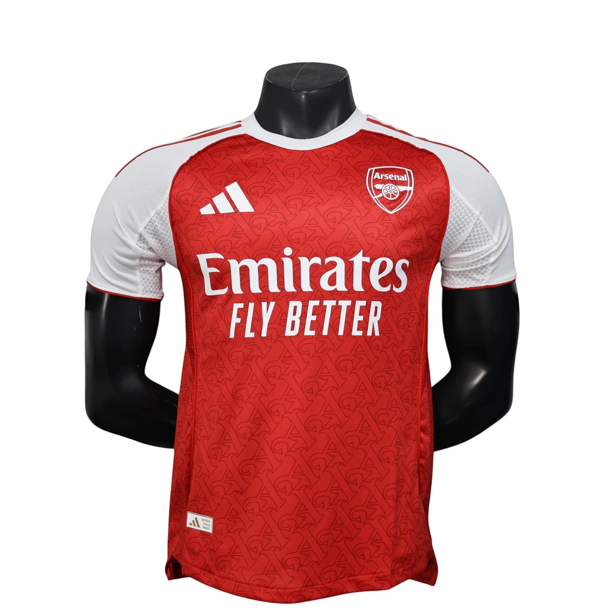 GOATkitz Arsenal 2025-26 Player Version Home Jersey, red with white sleeves, Emirates Fly Better sponsor, customizable.