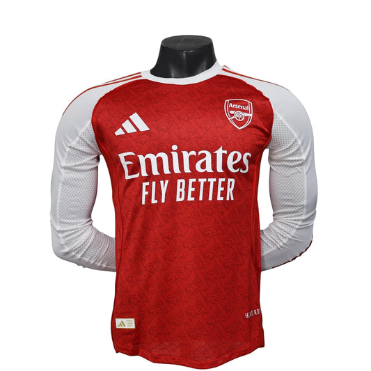 GOATkitz Arsenal 2025-26 red and white long sleeve player version football jersey with Emirates Fly Better sponsor.