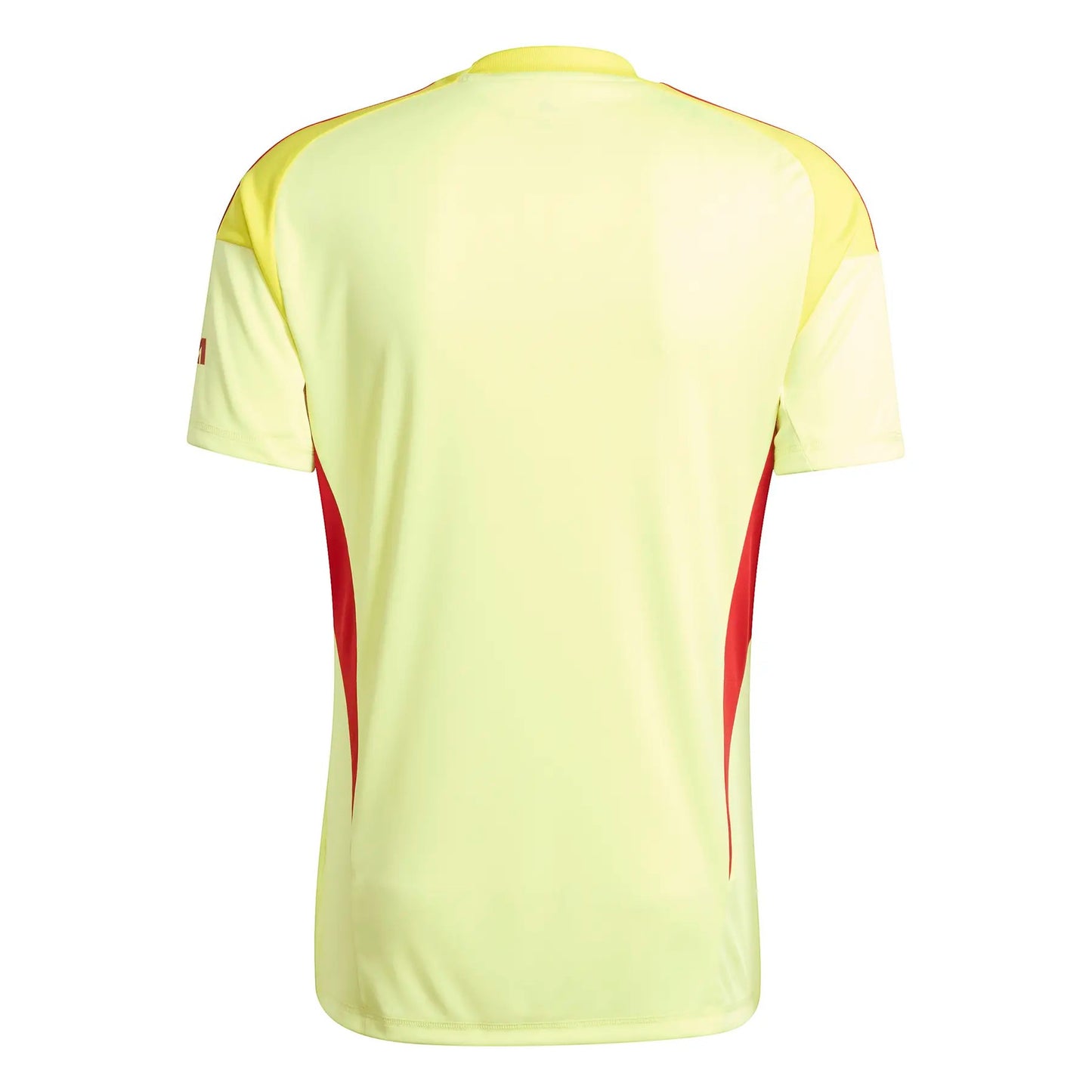 GOATkitz Arsenal 2025-26 yellow goalkeeper jersey with red accents on shoulders and sides. Short sleeves, crew neck.