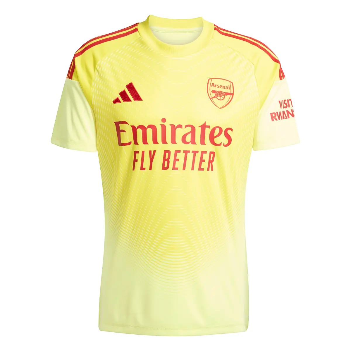 GOATkitz Arsenal 2025-26 yellow goalkeeper jersey with red accents and Emirates Fly Better sponsor. Customizable.