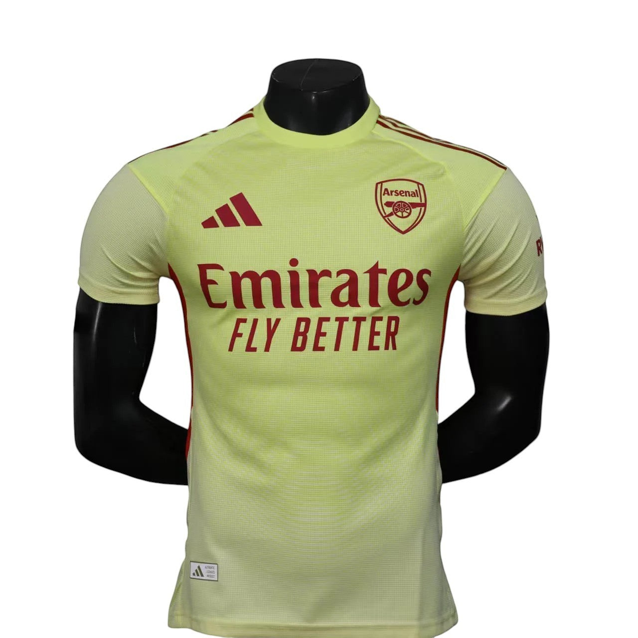GOATkitz Arsenal 2025-26 Player Version Goalkeeper Yellow Jersey with red accents and Emirates Fly Better sponsor.
