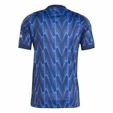 GOATkitz 2025-26 Arsenal adult away jersey in dark blue with a geometric lightning bolt pattern. Short sleeves, crew neck.