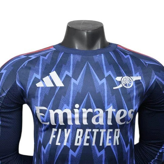 GOATkitz Arsenal 2025-26 adult player version away long sleeve jersey in navy blue with a lightning bolt pattern and Emirates Fly Better sponsor.
