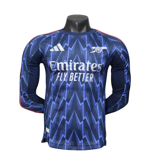GOATkitz Arsenal 2025-26 adult player version away long sleeve jersey in navy blue with a lightning bolt pattern and red accents.