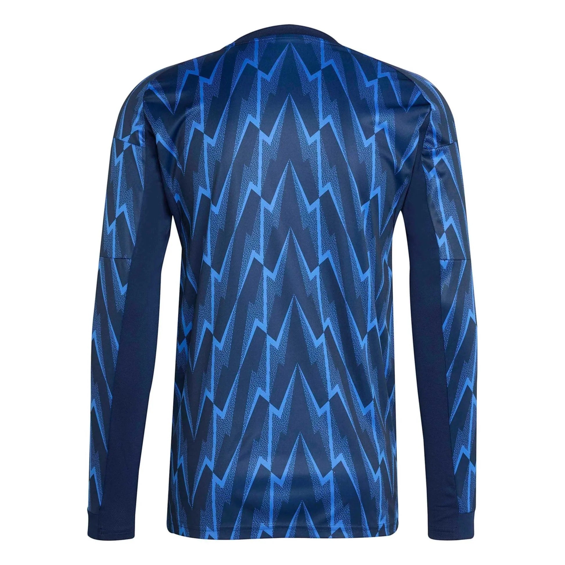 GOATkitz Arsenal 2025-26 adult away long sleeve jersey in navy blue with a lightning bolt pattern. Customizable.