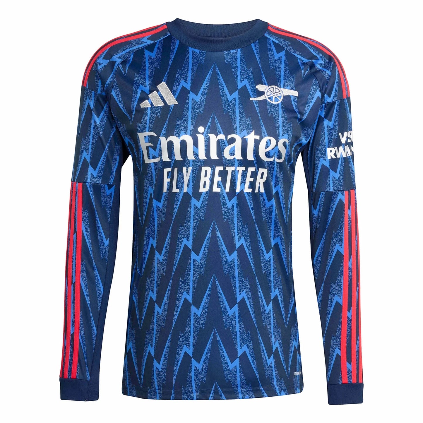 GOATkitz Arsenal 2025-26 adult away long sleeve jersey in navy blue with red accents and a lightning bolt pattern.