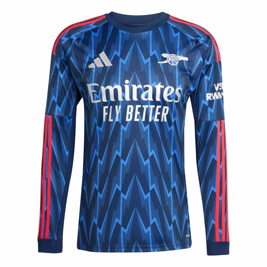 GOATkitz Arsenal 2025-26 adult away long sleeve jersey in navy blue with red accents and a lightning bolt pattern.